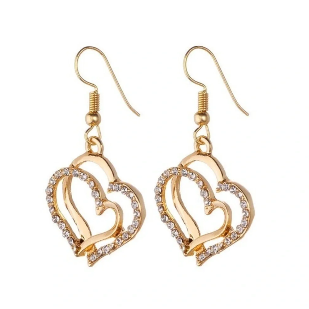 Gold/Silver Double Heart-Shaped Pendant Necklace & Earring set. - Picture 6 of 7